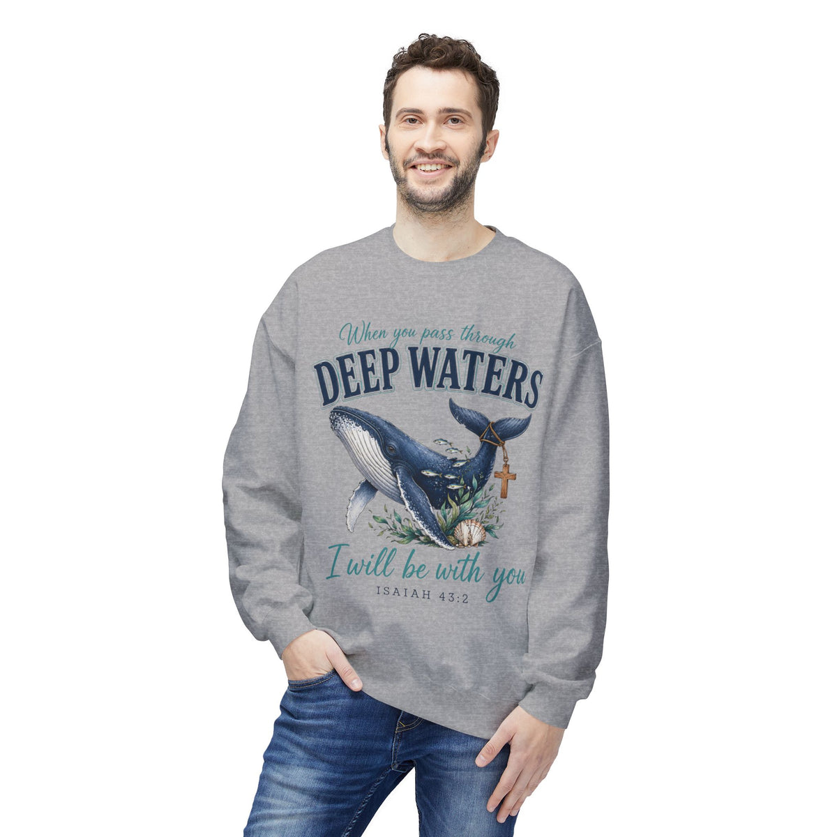 Deep Waters Whale Sweatshirt – "When you pass through deep waters I will be with you" (Isaiah 43:2)
